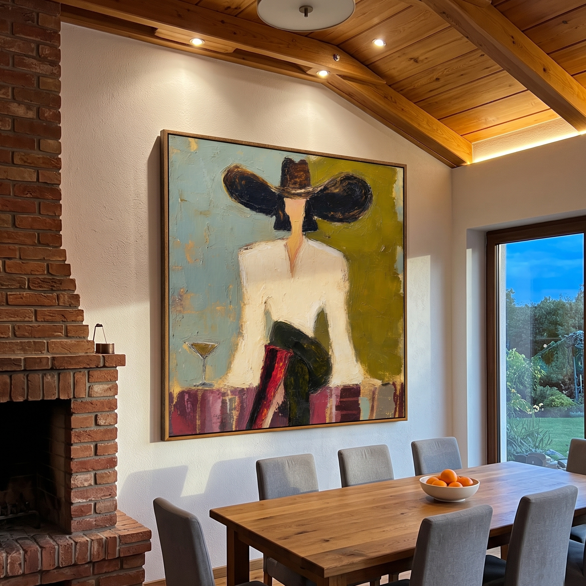 "Lounge Cowgirl With Martini" – Modern Heavy Impasto Retro Western Figurative | 3D Moss Olive & Dusty Teal Palette Knife Painting | Luxury Square Wall Art #AB 525