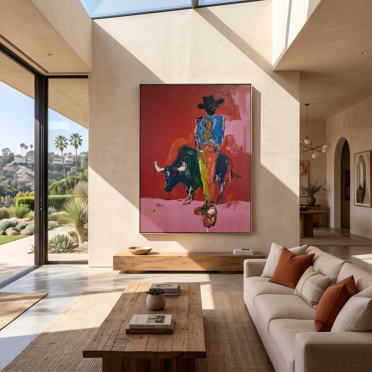 "Bullfighting Western Cowboy" - Modern Heavy Impasto Western Animal Artwork | Pink Palette Knife Painting | Luxury Vertical Wall Art #PT 2648