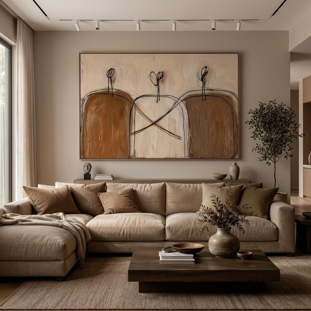 "Earthy‑Tone Minimal Abstract Figure Wall" - Modern Heavy Impasto Abstract Artwork | Brown Palette Knife Painting | Luxury Horizontal Wall Art #PT 2609