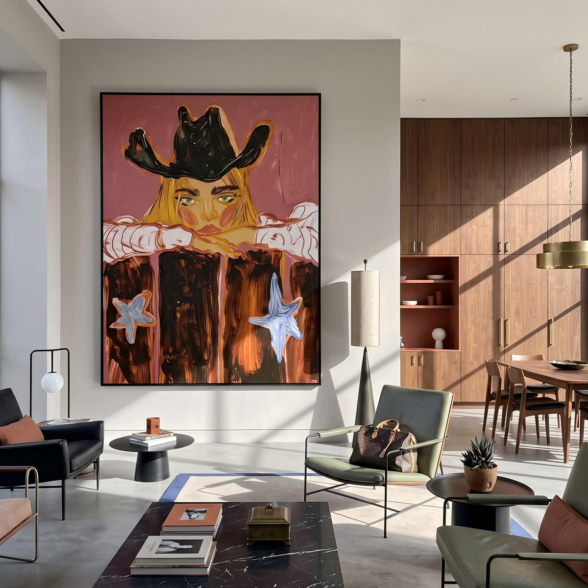 "Western Cowboy Girl" - Modern Heavy Impasto Western Animal Artwork | Orange Palette Knife Painting | Luxury Vertical Wall Art #PT 2647