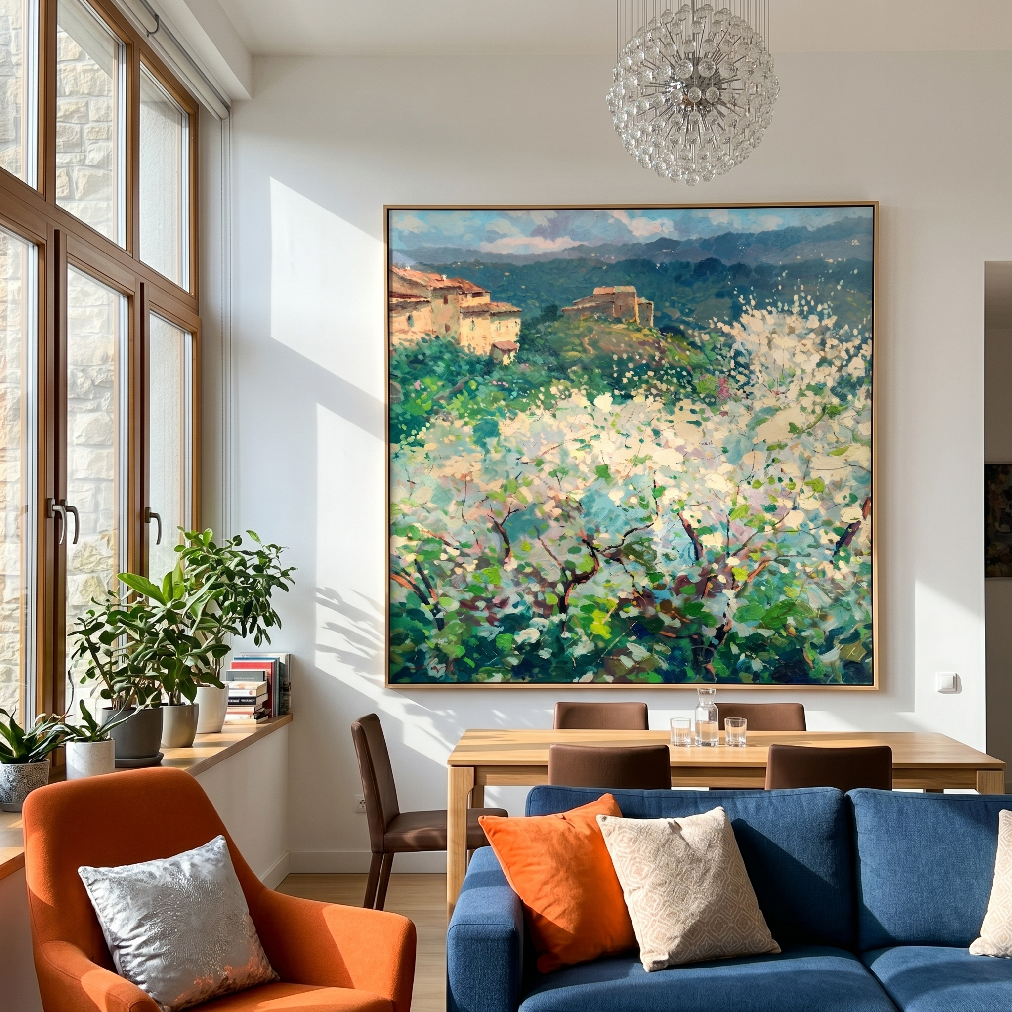 "Tuscan Spring Blossom Hamlet" - Modern Heavy Impasto Impressionist Country Landscape | 3D Soft Ivory Bloom & Forest Sage Palette Knife Painting | Luxury Square Wall Art #PT 584
