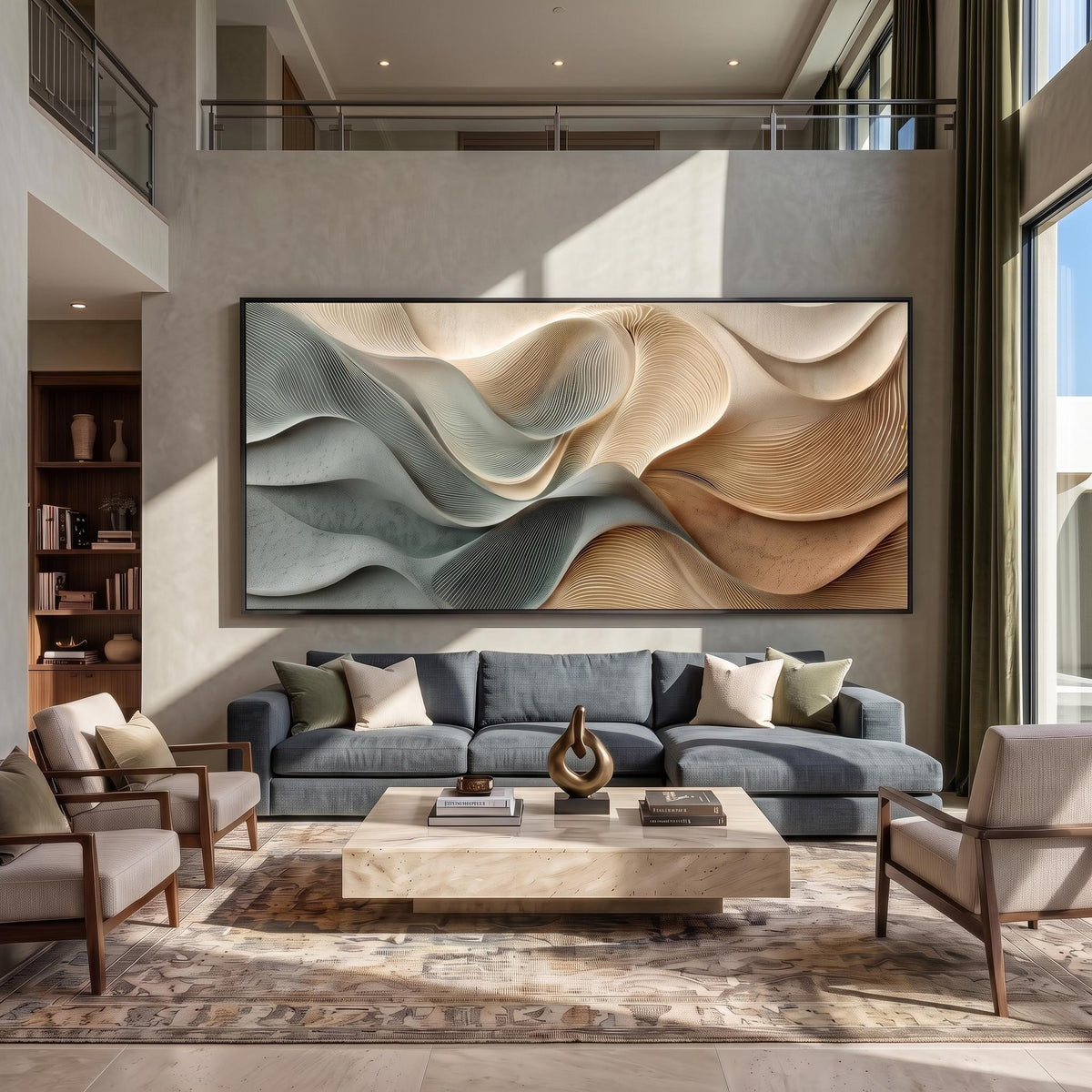 "Dusty Blue Beige Heavy‑Texture Wave" - Modern Heavy Impasto Ocean Wave Seascape | Beige Palette Knife Painting | Luxury Horizontal Wall Art #PT 2599