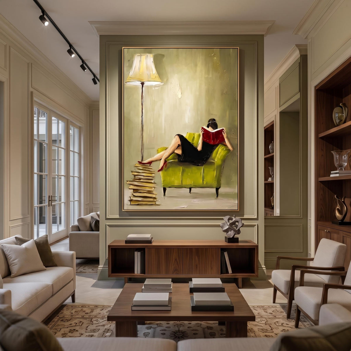 "Woman Reading" - Modern Heavy Impasto Abstract Artwork | Beige & Yellow Palette Knife Painting | Luxury Vertical Wall Art #PT 2611