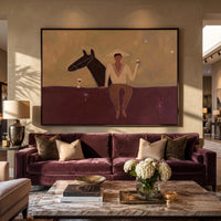 "Western Cowboy and Horse" - Modern Heavy Impasto Western Animal Artwork | Purple Palette Knife Painting | Luxury Horizontal Wall Art #PT 2636
