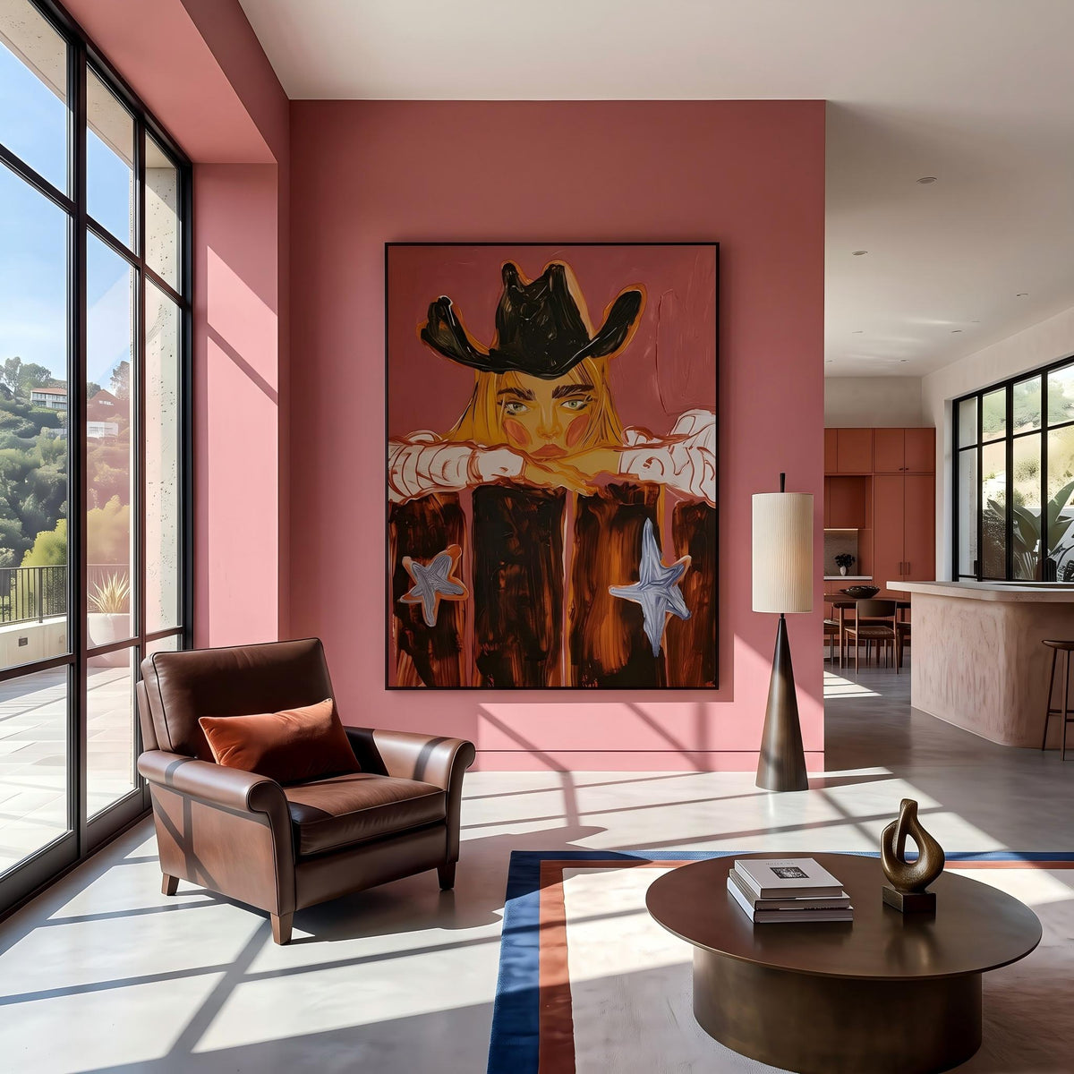"Western Cowboy Girl" - Modern Heavy Impasto Western Animal Artwork | Orange Palette Knife Painting | Luxury Vertical Wall Art #PT 2647