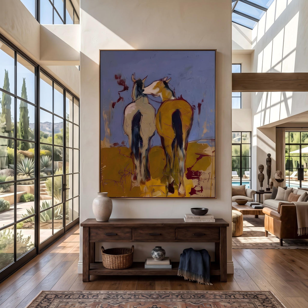 "Wild Companions" - Modern Heavy Impasto Western Animal Artwork | Yellow Palette Knife Painting | Luxury Vertical Wall Art #PT 2640