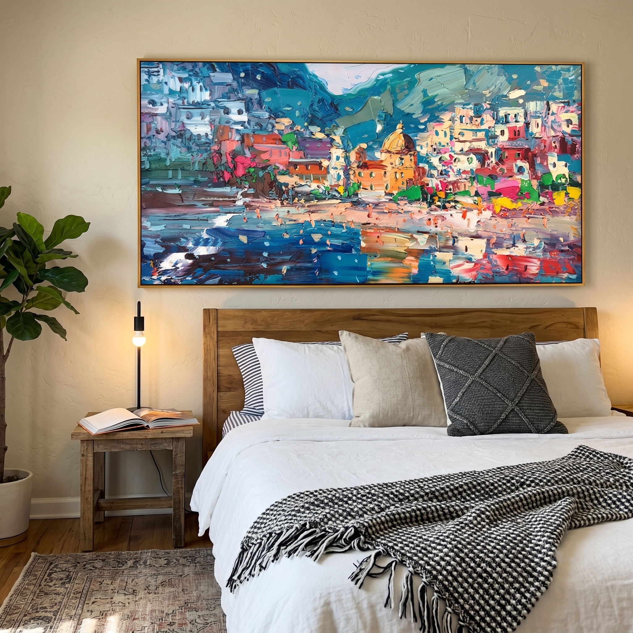 "Pastel Positano Beach Harbor" - Modern Heavy Impasto Mediterranean Landscape | 3D Turquoise Sea & Multicolored Village Palette Knife Painting | Luxury Horizontal Wall Art #PT 582