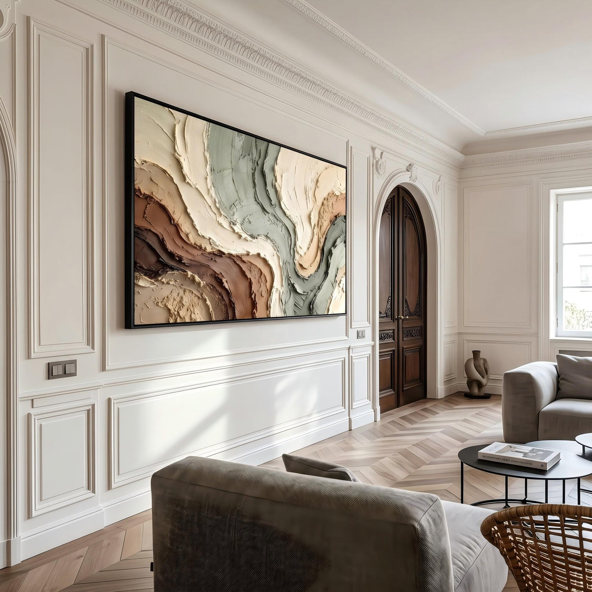 "Muted Green Brown Flow Textured Art" - Modern Heavy Impasto Abstract Artwork | Beige Palette Knife Painting | Luxury Horizontal Wall Art #PT 2603