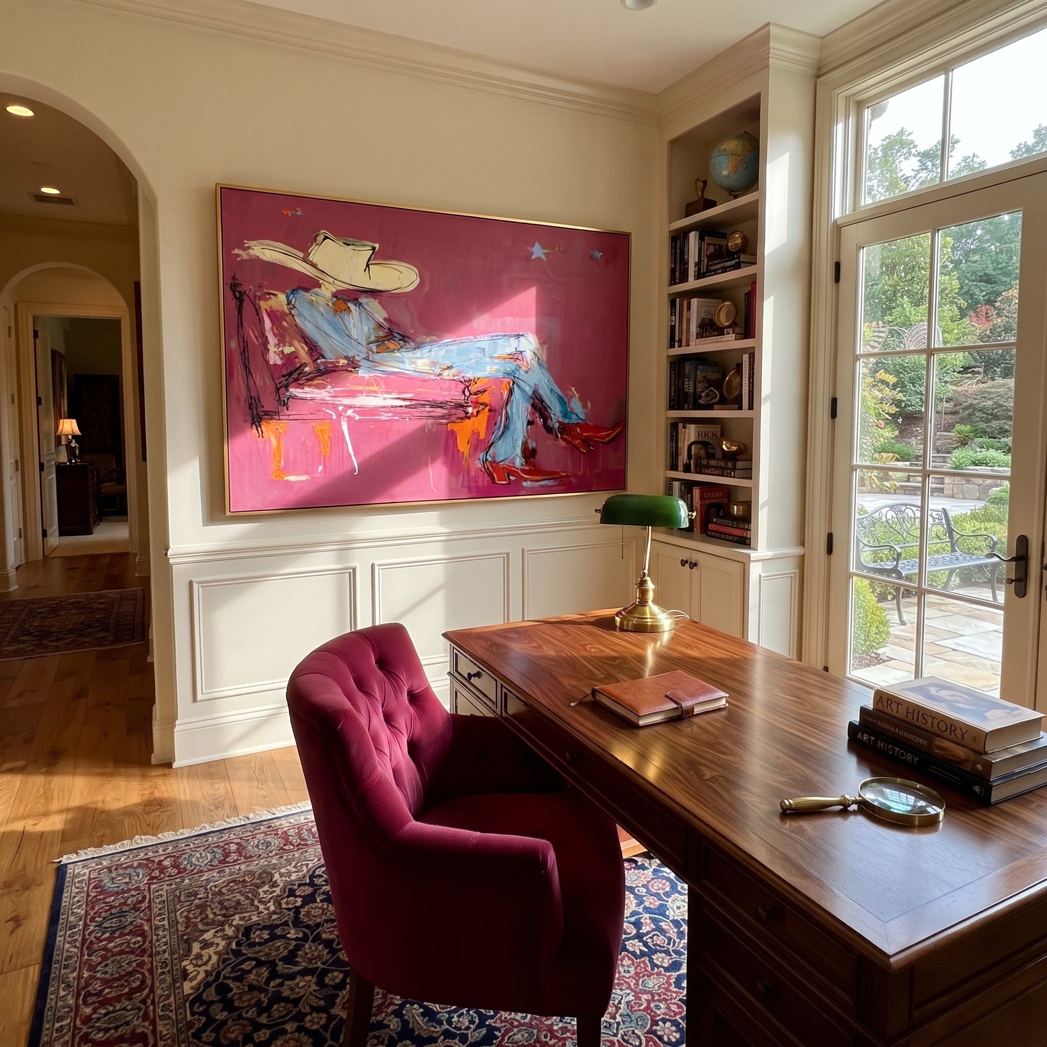 "Lounging Magenta Cowboy Sketch" – Modern Heavy Impasto Western Figurative Art | 3D Fuchsia & Denim Palette Knife Painting | Luxury Horizontal Wall Art #PT 640