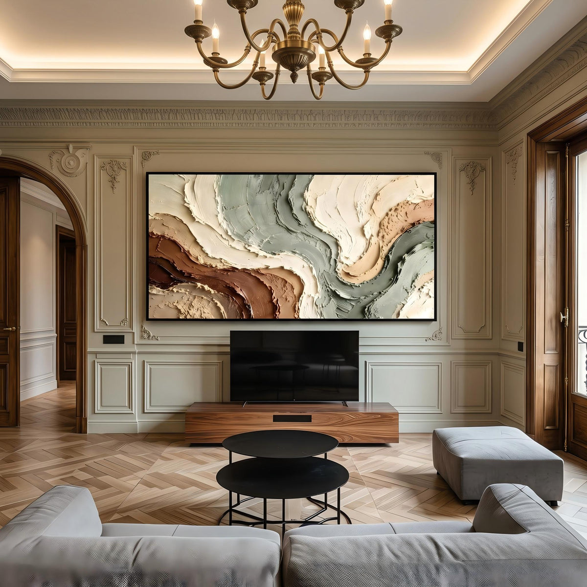 "Muted Green Brown Flow Textured Art" - Modern Heavy Impasto Abstract Artwork | Beige Palette Knife Painting | Luxury Horizontal Wall Art #PT 2603