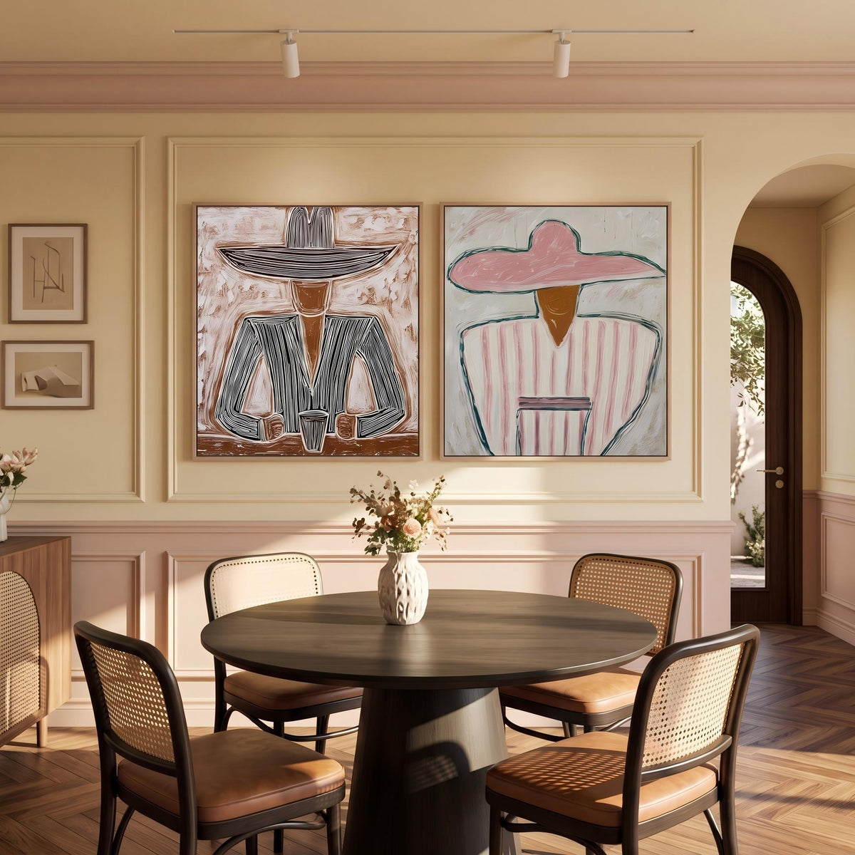 "Double Wide Striped Hat Western Cowboy and Girl" - Modern Heavy Impasto Western Animal Artwork | Golden Palette Knife Painting | Luxury Two-Panel Square Wall Art #PT 2635