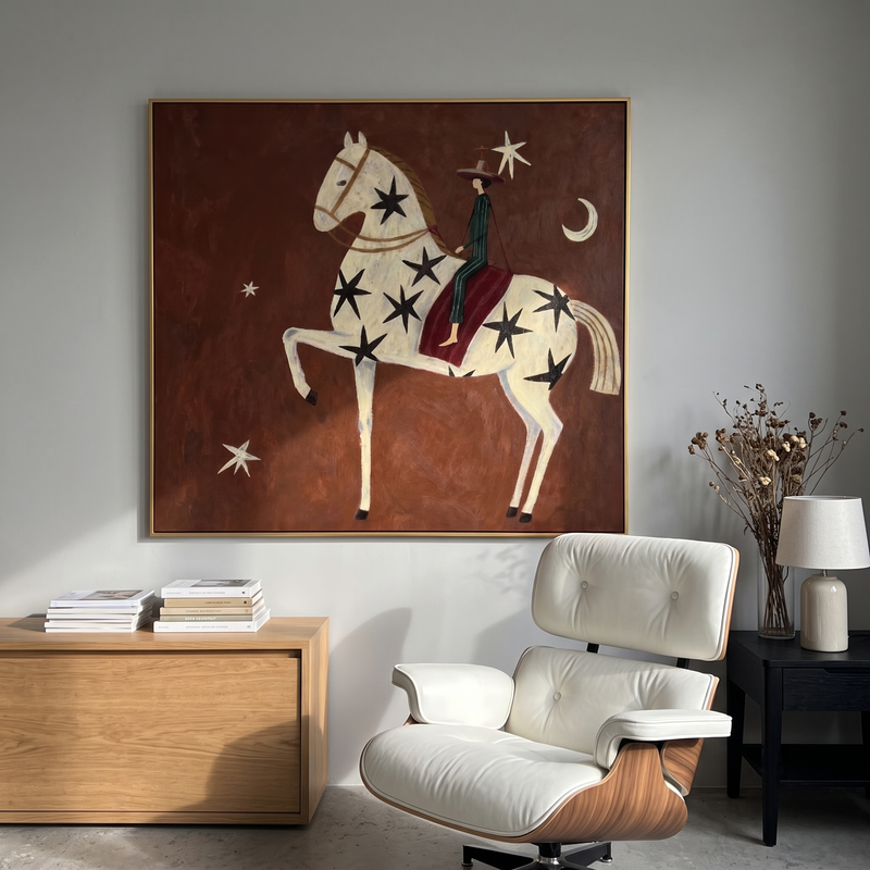 "Starry Midnight Cowboy Steed" – Modern Heavy Impasto Primitive Western Figurative | 3D Rust Umber & Soft Ivory Palette Knife Painting | Luxury Square Wall Art #AB 523