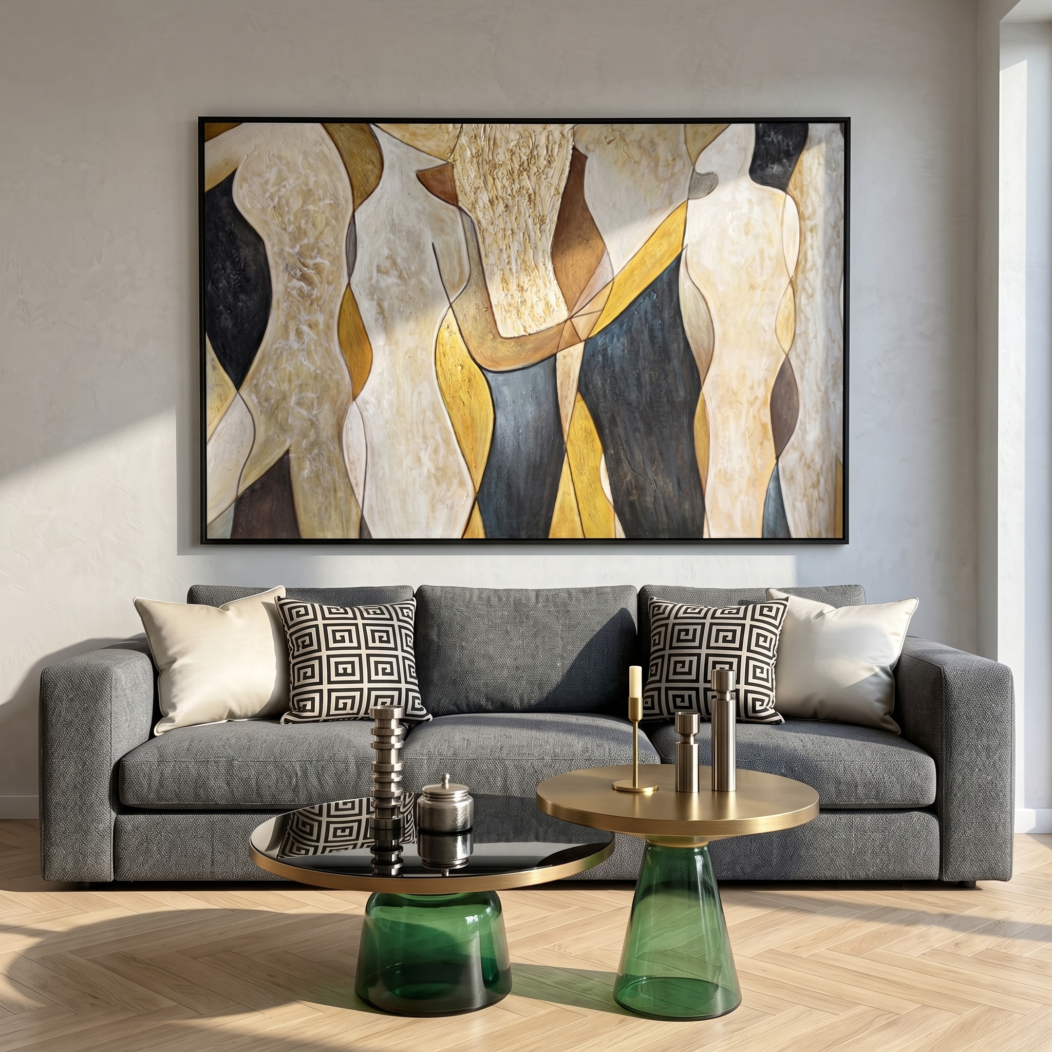 "Golden Veil Figures" - Modern Abstract Figurative Painting | Textured Neutral & Gold Canvas Wall Art | Luxury Horizontal Wall Art #PT 593