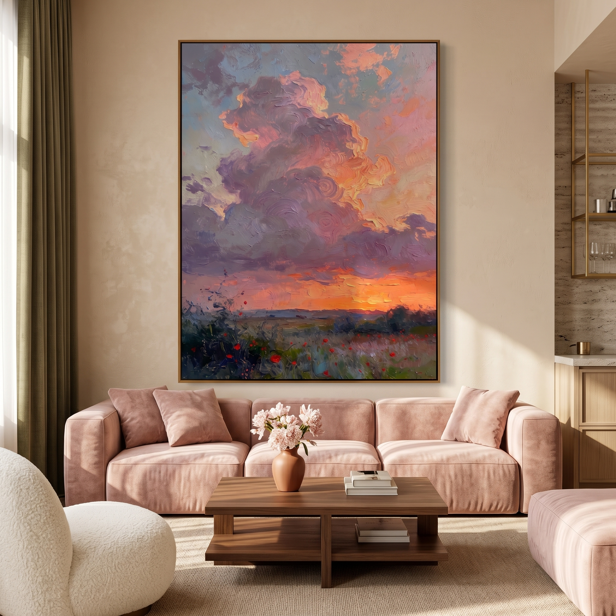 "Lavender Sunset Poppy Meadow" – Modern Heavy Impasto Impressionist Landscape | 3D Dusk Violet & Tangerine Glow Palette Knife Painting | Luxury Vertical Wall Art #PT 571