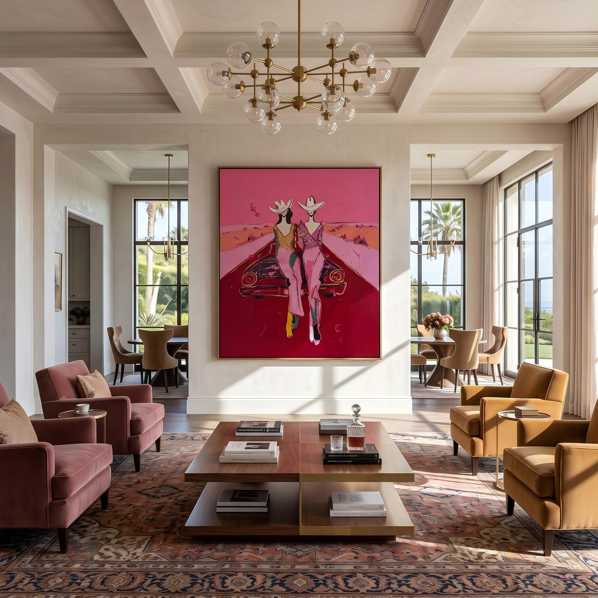 "Cowgirls on the Road" - Modern Heavy Impasto Abstract Artwork | Pink Palette Knife Painting | Luxury Vertical Wall Art #PT 2652