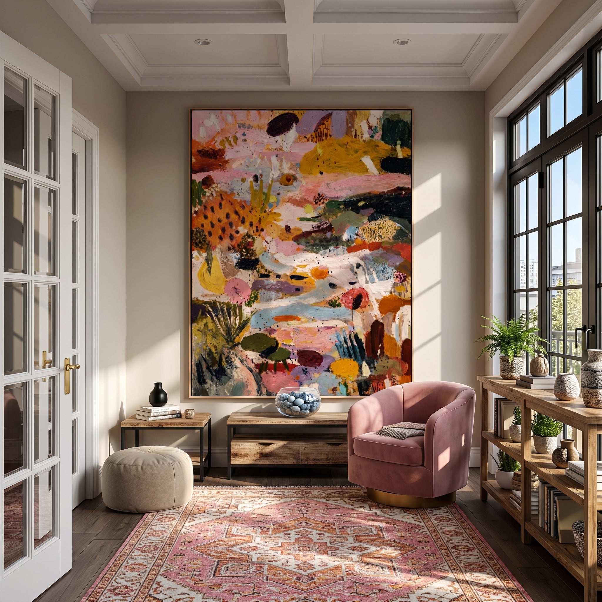 "Vibrant Wild Garden Abstract Chaos" – Modern Heavy Impasto Expressionist Floral Abstract | 3D Mustard Ochre & Blush Pink Palette Knife Painting | Luxury Vertical Wall Art #PT 572