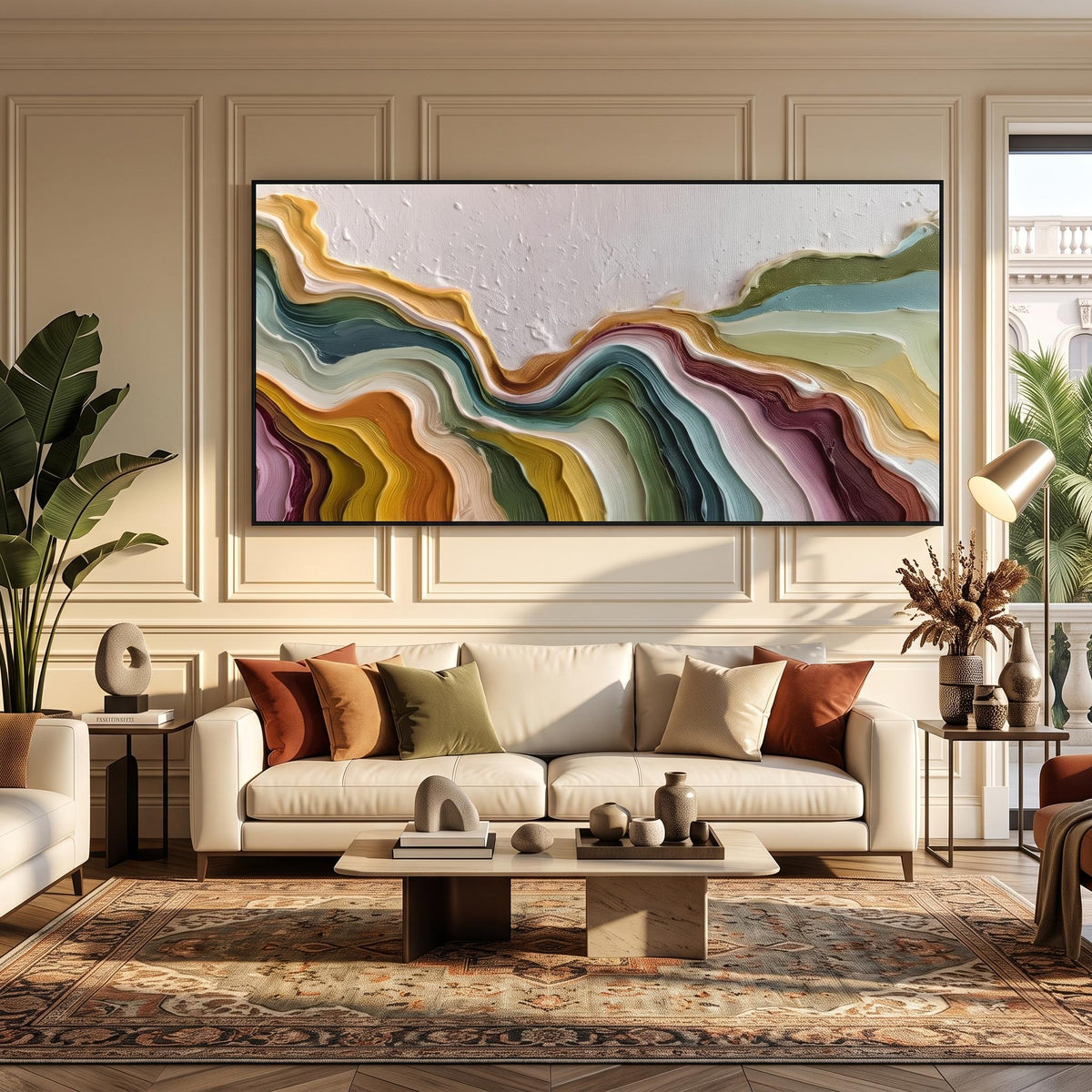 "Color Flowing Layer" - Modern Heavy Impasto Abstract Artwork | Beige Palette Knife Painting | Luxury Horizontal Wall Art #PT 2618