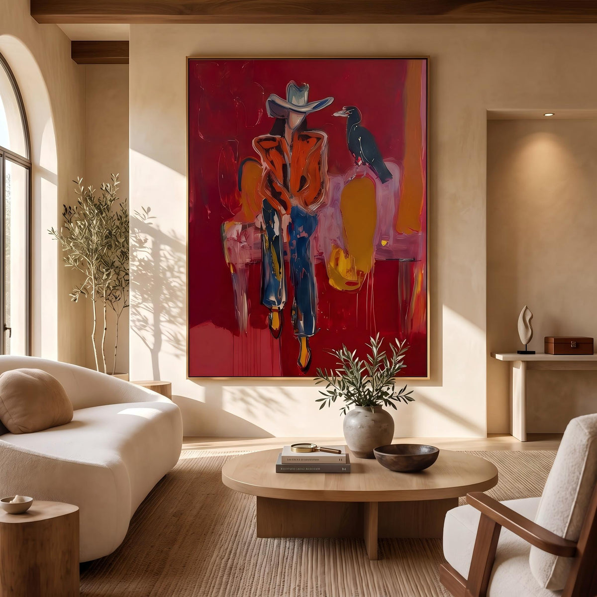 "Crow Cowgirl" - Modern Heavy Impasto Western Animal Artwork | Golden & Pink Palette Knife Painting | Luxury Vertical Wall Art #PT 2642