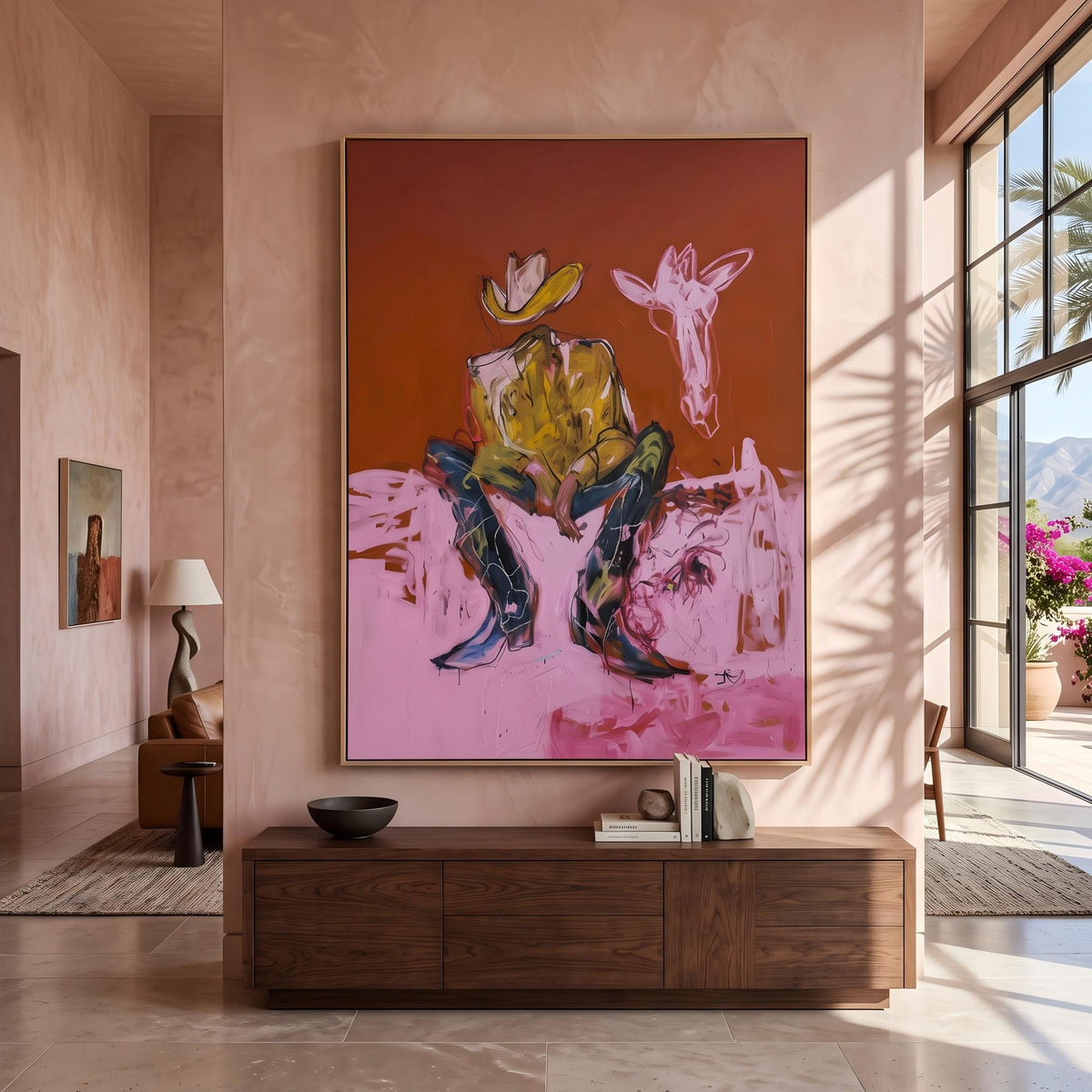 "Squatting faceless cowboy" - Modern Heavy Impasto Western Animal Artwork | Pink Palette Knife Painting | Luxury Vertical Wall Art #PT 2645