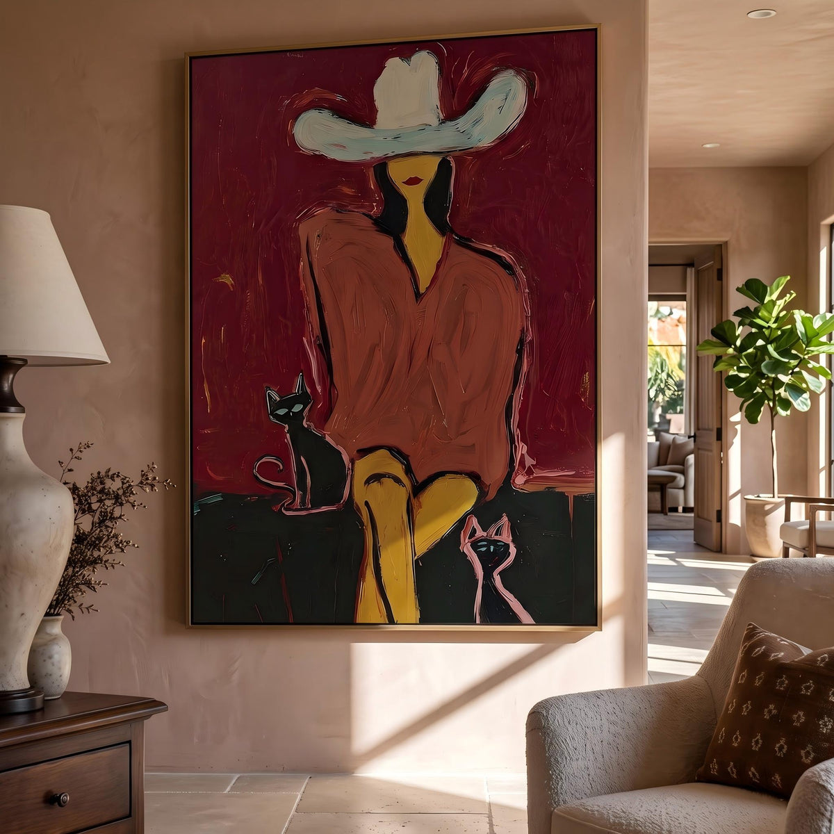 "Western Woman and Cat" - Modern Heavy Impasto Western Animal Artwork | Golden Palette Knife Painting | Luxury Vertical Wall Art #PT 2641