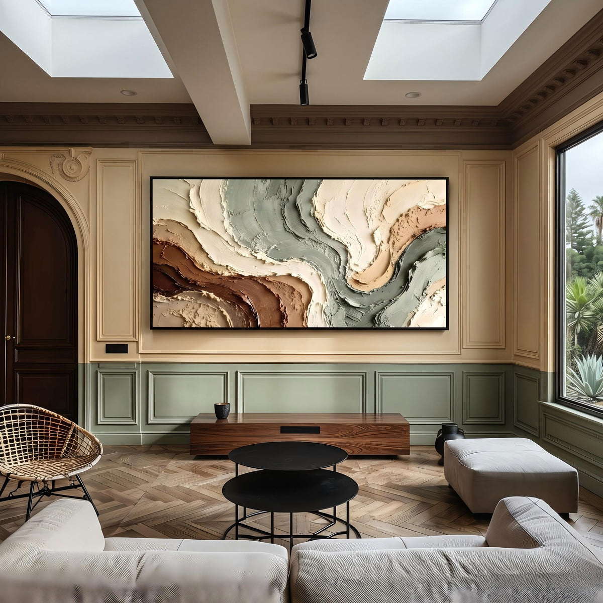 "Muted Green Brown Flow Textured Art" - Modern Heavy Impasto Abstract Artwork | Beige Palette Knife Painting | Luxury Horizontal Wall Art #PT 2603