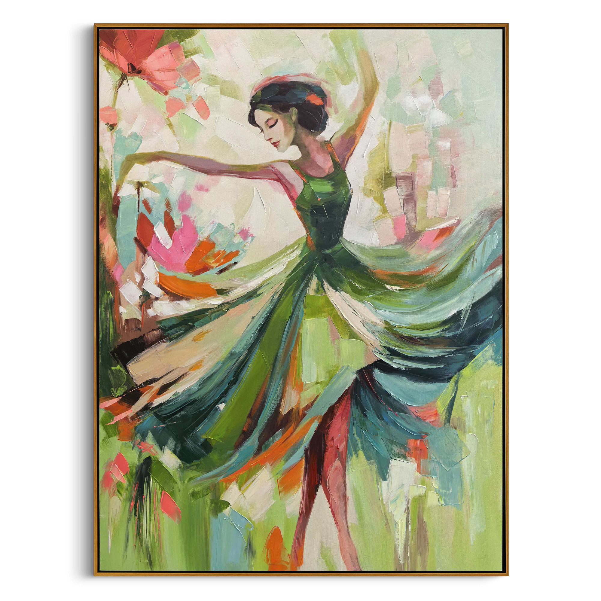 "Emerald Rhythm" – Modern Expressive Dancer Oil Painting | Sage Green & Floral Palette Textured Wall Art #PE461