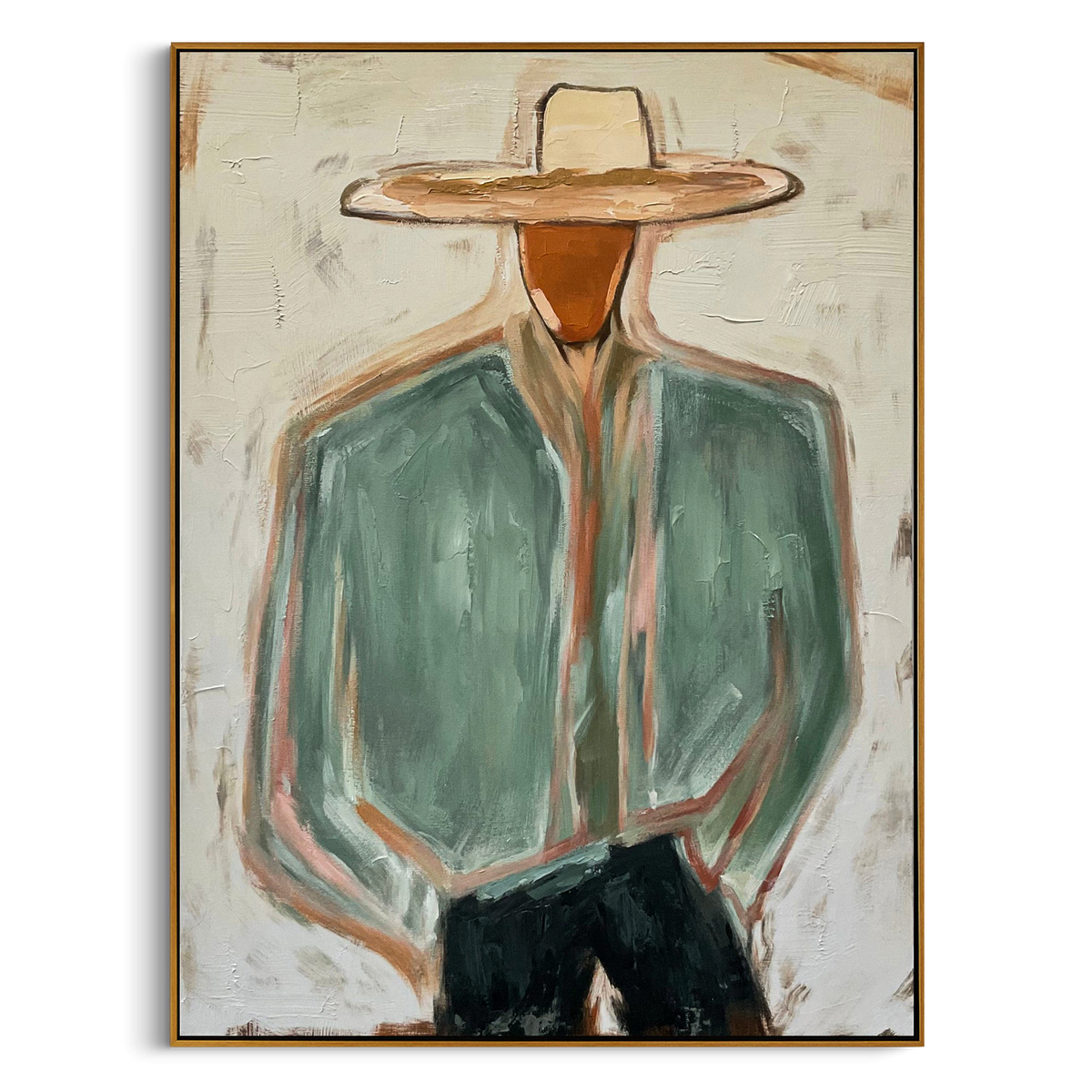 "The Modern Cowboy" – Heavy Impasto Abstract Portrait | 3D Green & Terracotta Palette Knife Painting | Luxury Vertical Wall Art #PE 504
