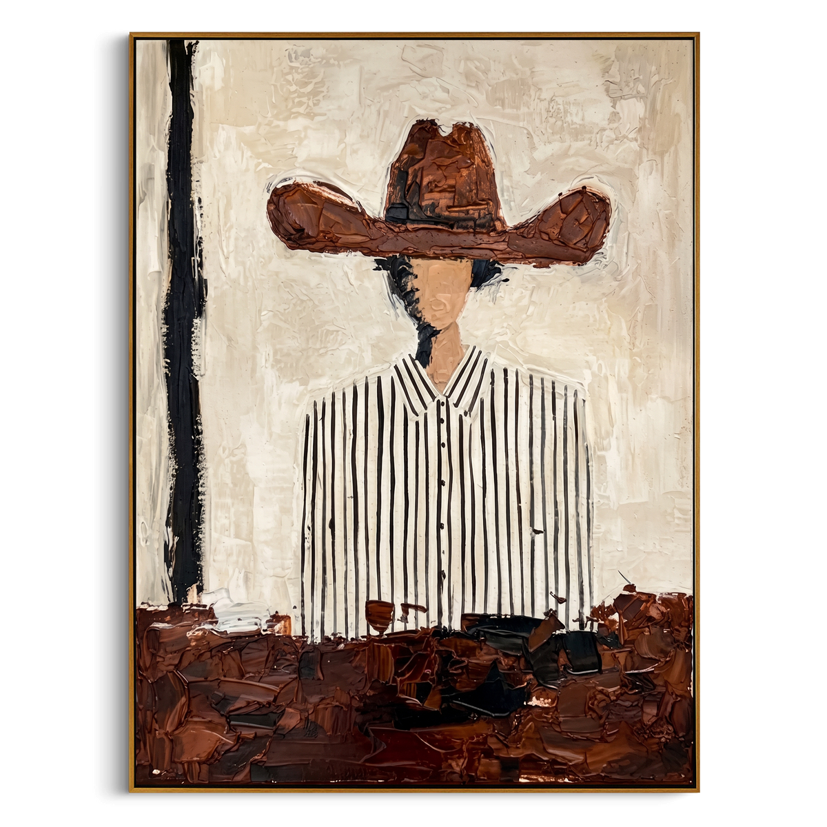 "Rustic Striped Cowgirl" – Expressive Sculptural Portrait Art | 3D Layered Terracotta & Black Canvas | Luxury Vertical Wall Art #PE 505