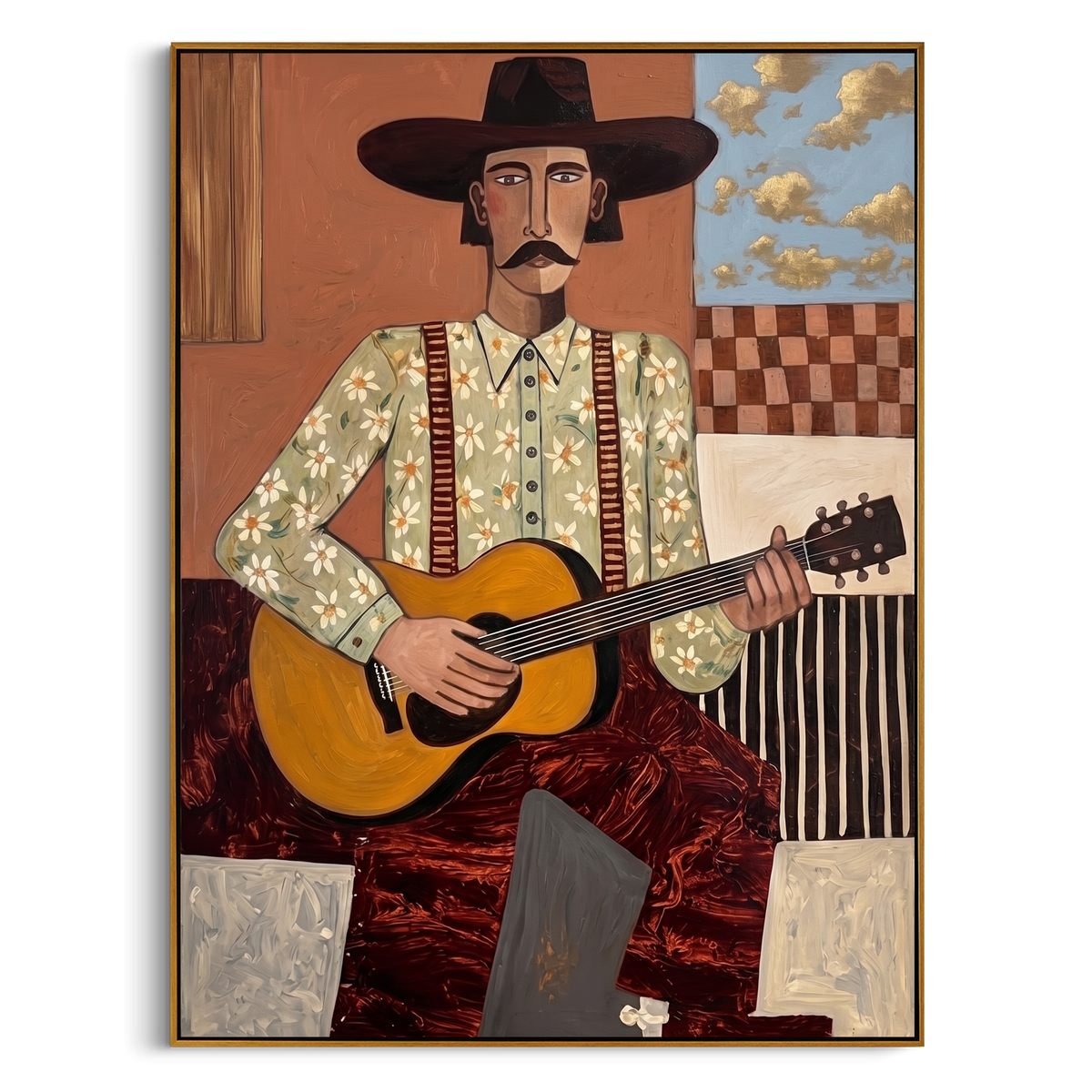 "The Western Guitarist" – Modern Folk Impasto Portrait | 3D Terracotta & Gold Palette Knife Painting | Luxury Vertical Wall Art #PE 506