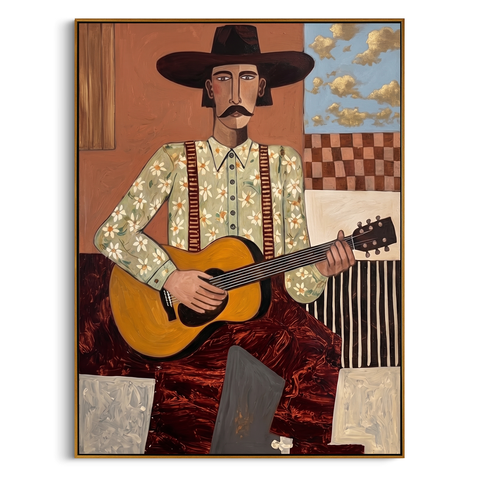 "The Western Guitarist" – Modern Folk Impasto Portrait | 3D Terracotta & Gold Palette Knife Painting | Luxury Vertical Wall Art #PE 506