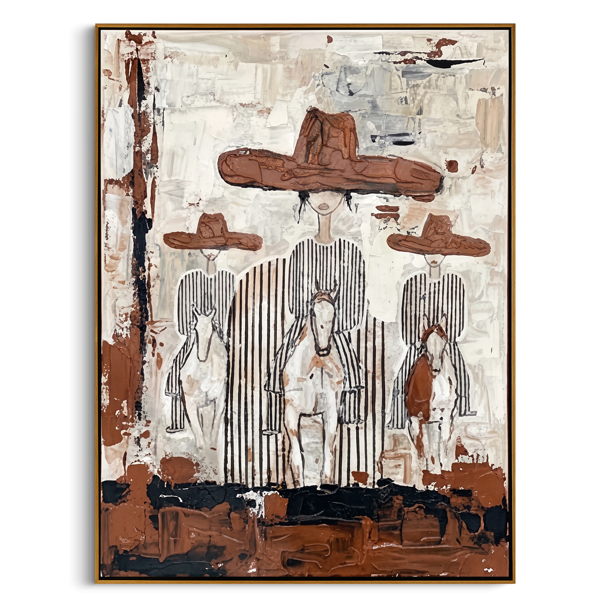 "Three Riders" – Modern Heavy Impasto Western Art | 3D Rust & Ivory Palette Knife Painting | Luxury Vertical Wall Art #PE 509