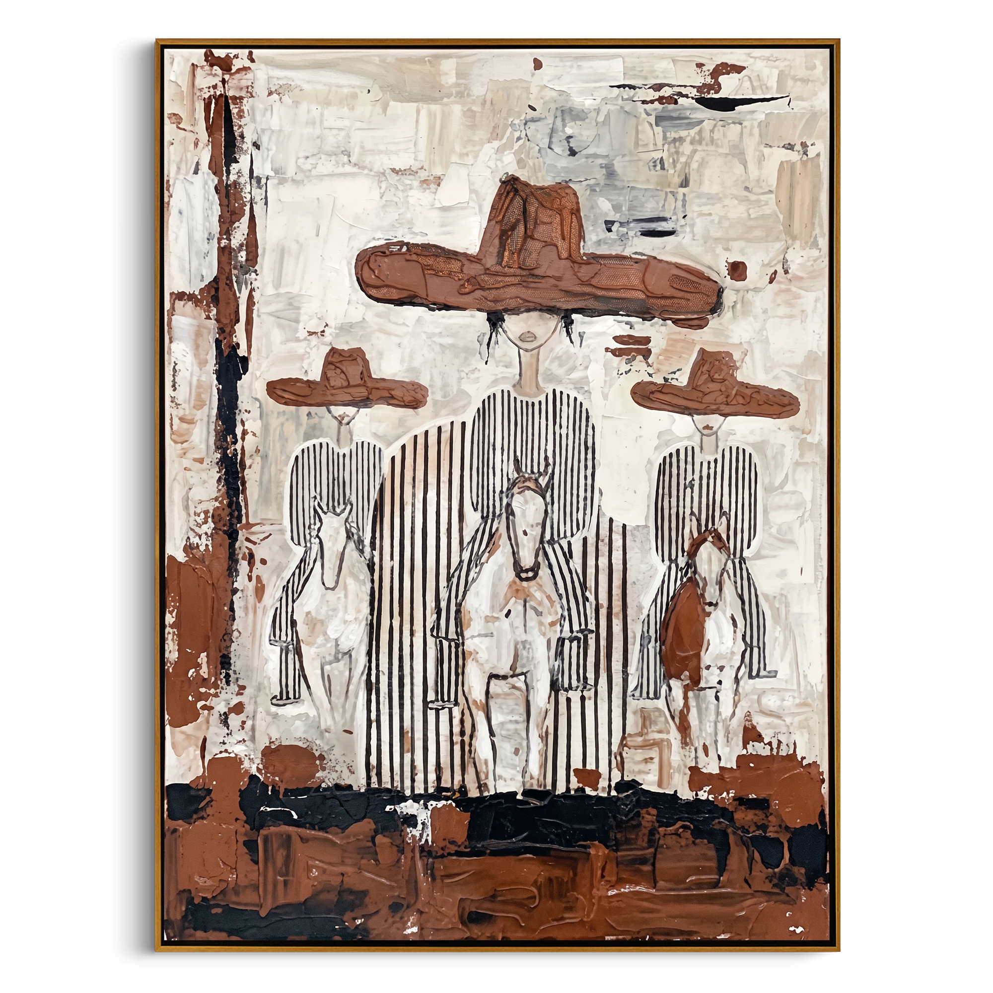 "Three Riders" – Modern Heavy Impasto Western Art | 3D Rust & Ivory Palette Knife Painting | Luxury Vertical Wall Art #PE 509