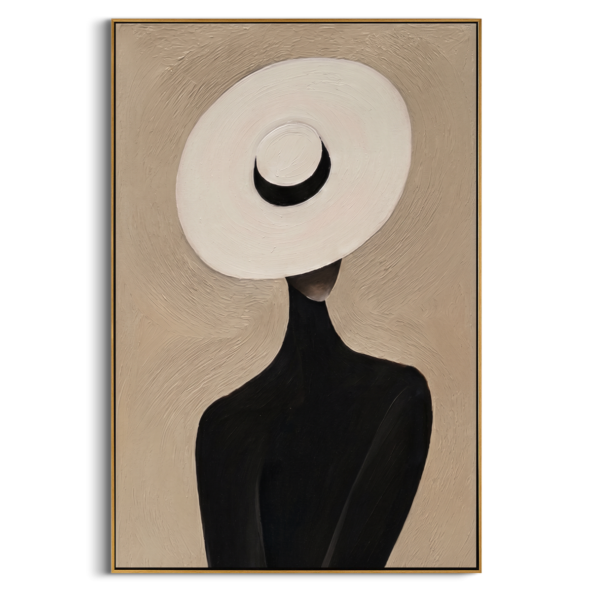 "The White Hat Silhouette" – Modern Heavy Impasto Abstract Portrait | 3D Beige & Noir Palette Knife Painting | Luxury Vertical Wall Art #PE 510
