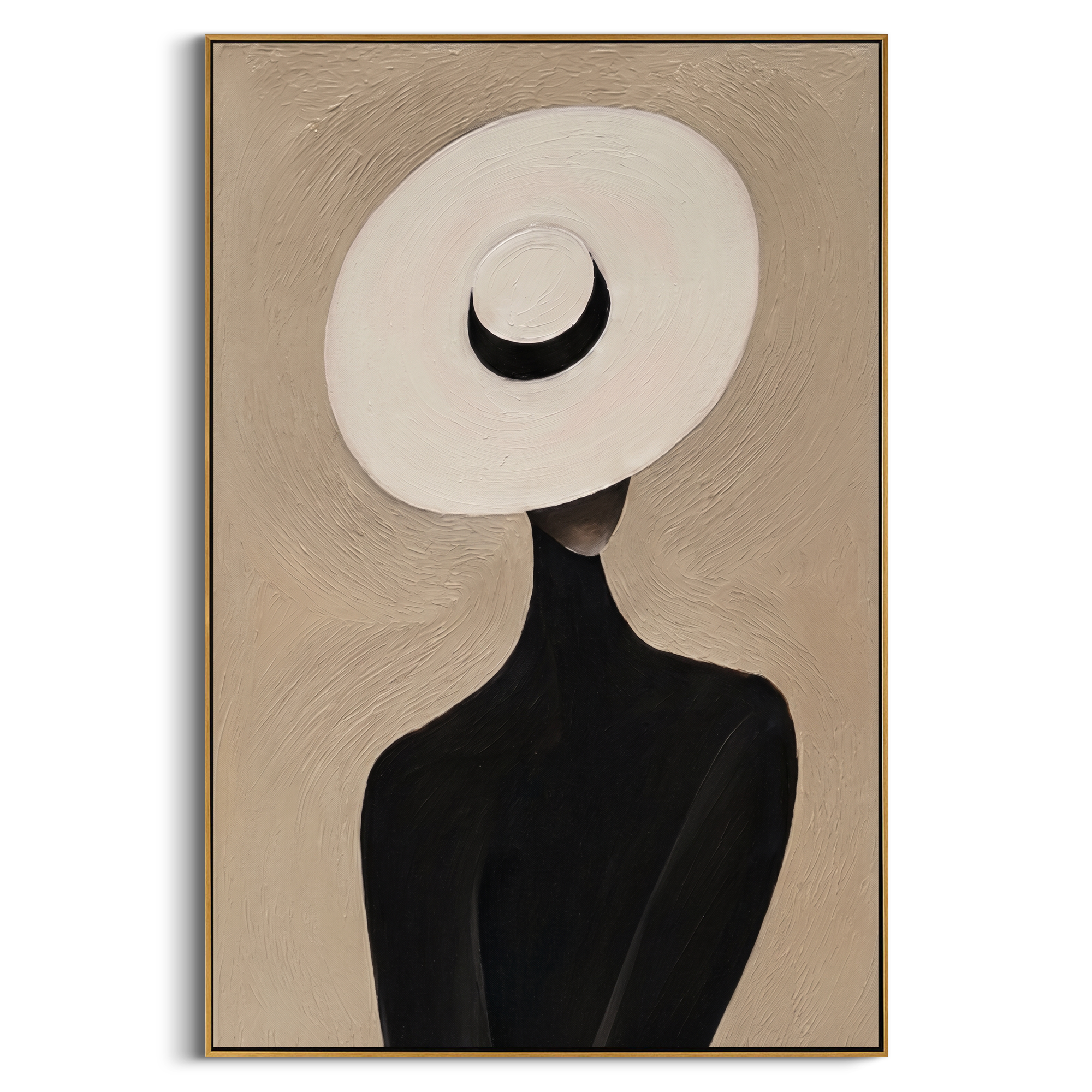 "The White Hat Silhouette" – Modern Heavy Impasto Abstract Portrait | 3D Beige & Noir Palette Knife Painting | Luxury Vertical Wall Art #PE 510