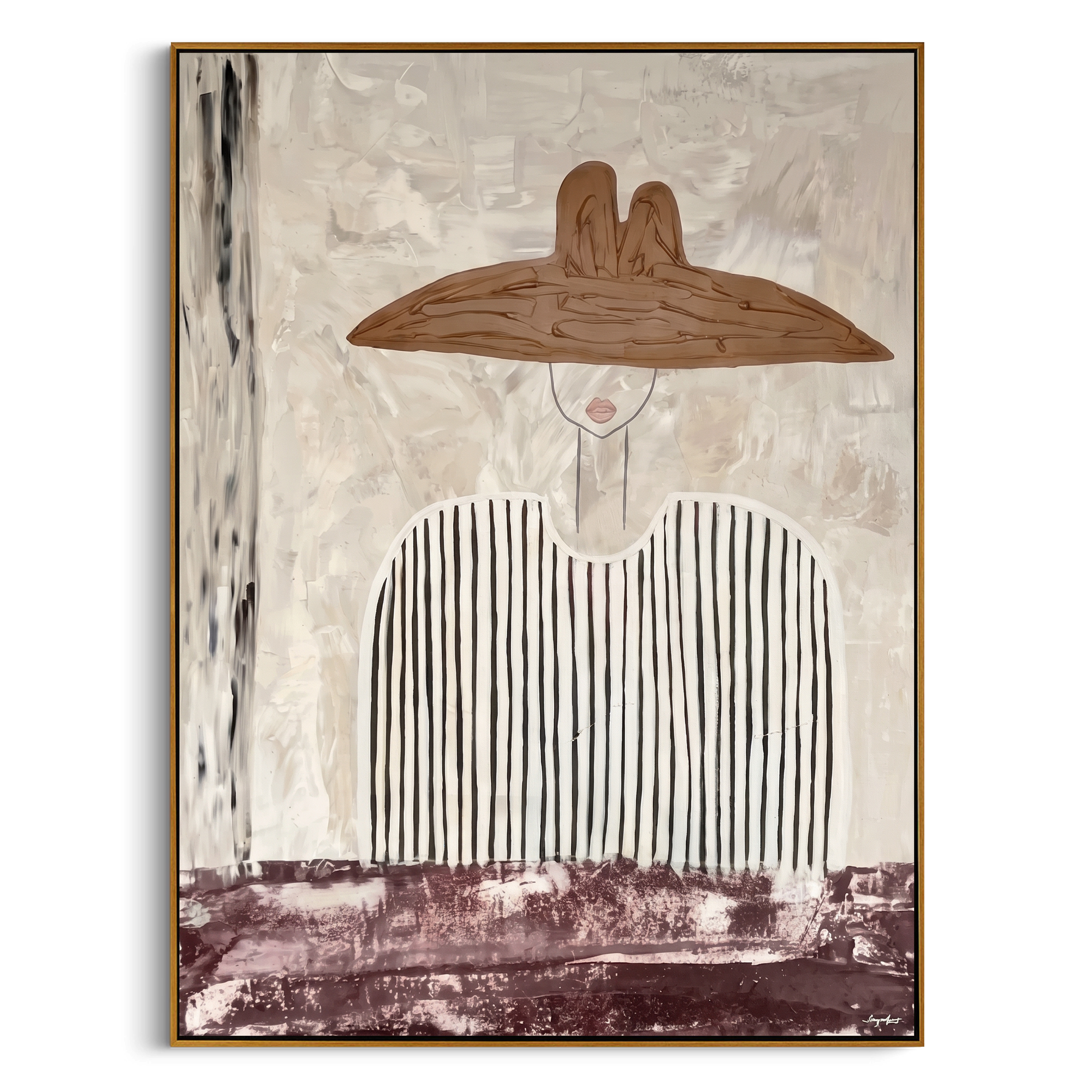 "Neutral Elegance with the Wide Brim" – Expressive Sculptural Art | 3D Layered Taupe & Plum Canvas | Luxury Vertical Wall Art #PE 512