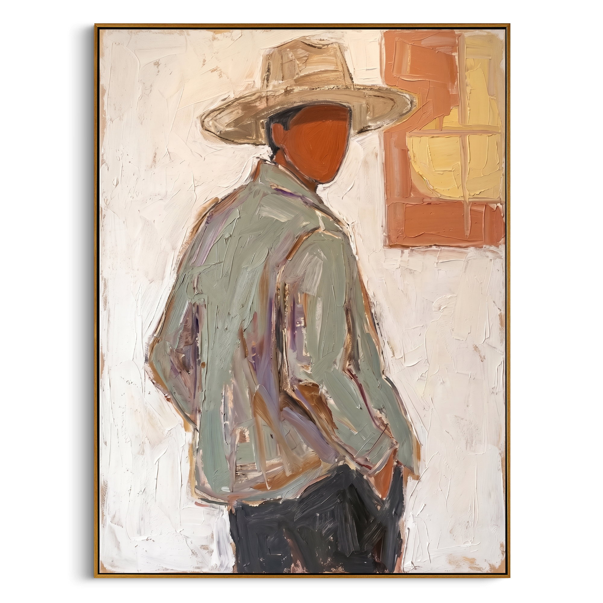 "Quiet Western Silhouette" – Expressive Sculptural Portrait | 3D Layered Ochre & Cream Canvas | Luxury Vertical Wall Art #PE 513