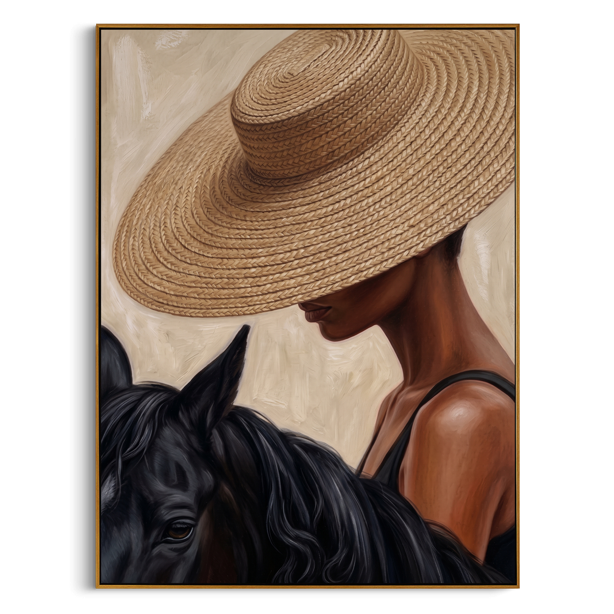 "Straw Hat & Steed" – Modern Heavy Impasto Figurative Art | 3D Natural Woven & Noir Palette Knife Painting | Luxury Vertical Wall Art #PE 516