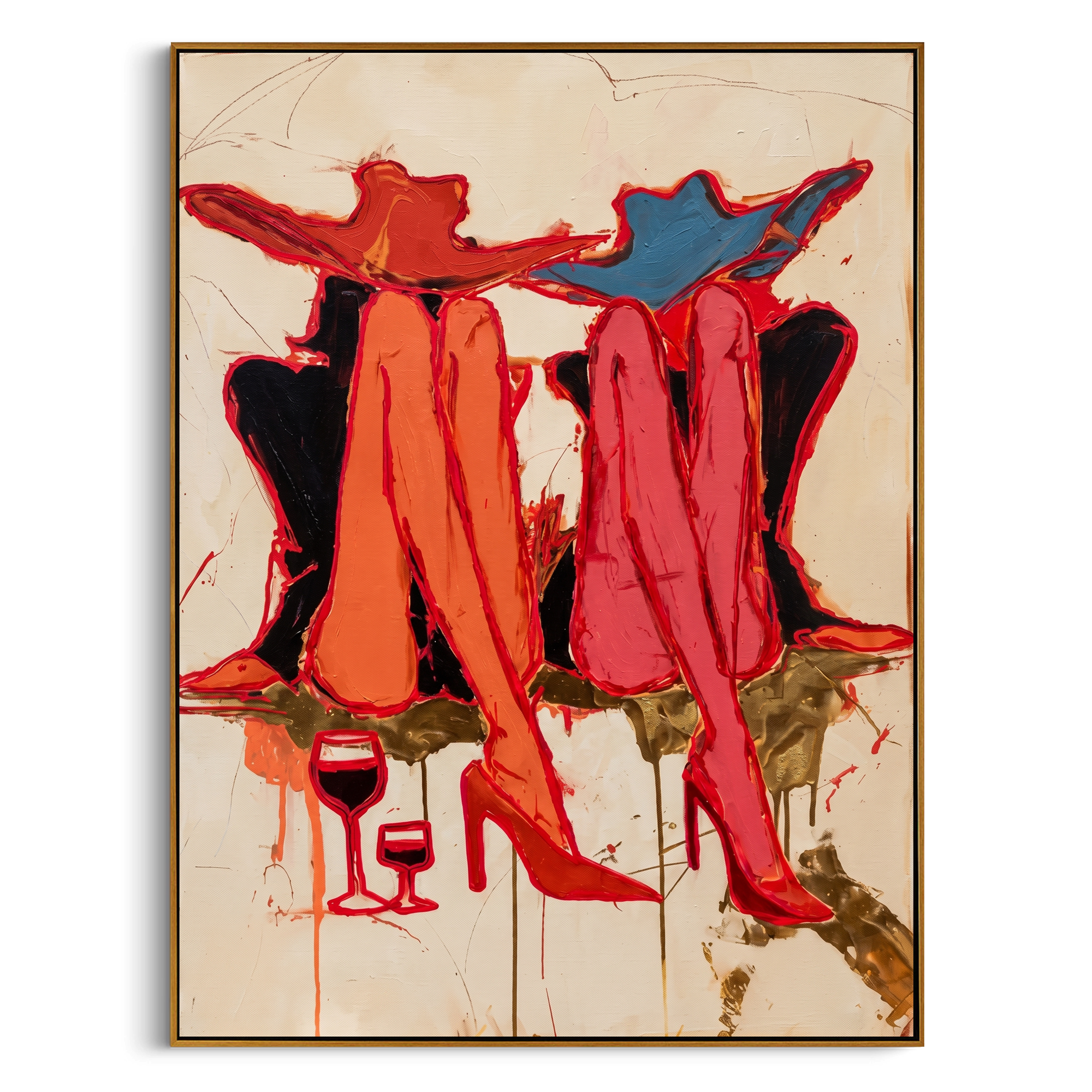 "Cowgirls’ Wine Hour" – Modern Heavy Impasto Abstract Figurative Art | 3D Crimson & Indigo Palette Knife Painting | Luxury Vertical Wall Art #PE 520