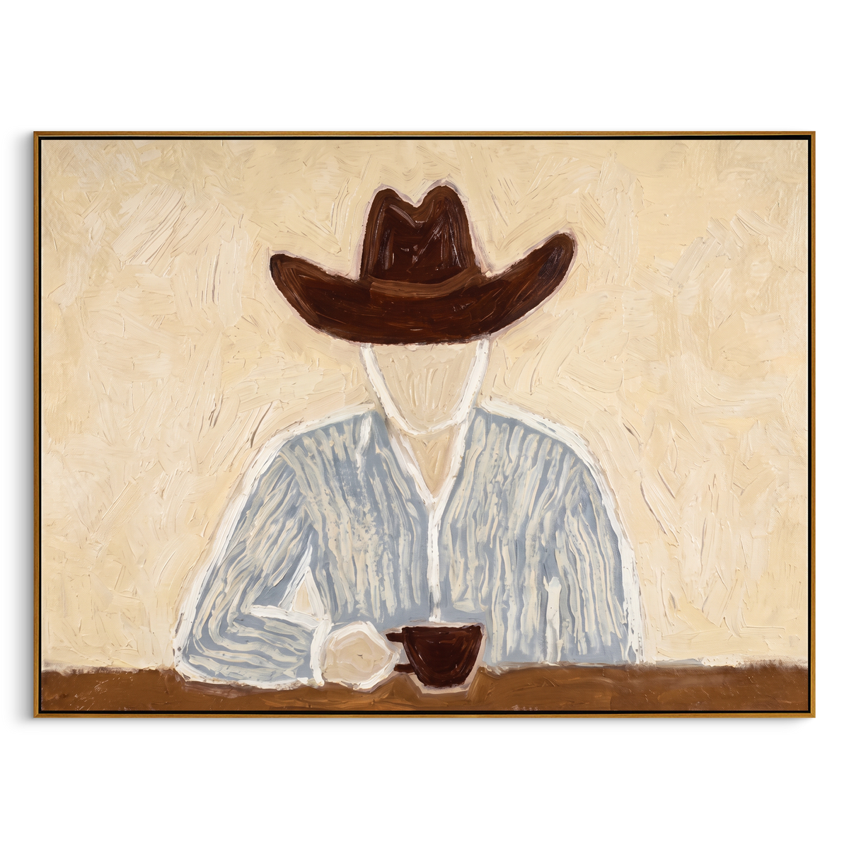 "Cowboy’s Quiet Coffee Break" – Modern Heavy Impasto Minimal Western Figurative | 3D Warm Cream & Slate Blue Palette Knife Painting | Luxury Horizontal Wall Art #PE 523