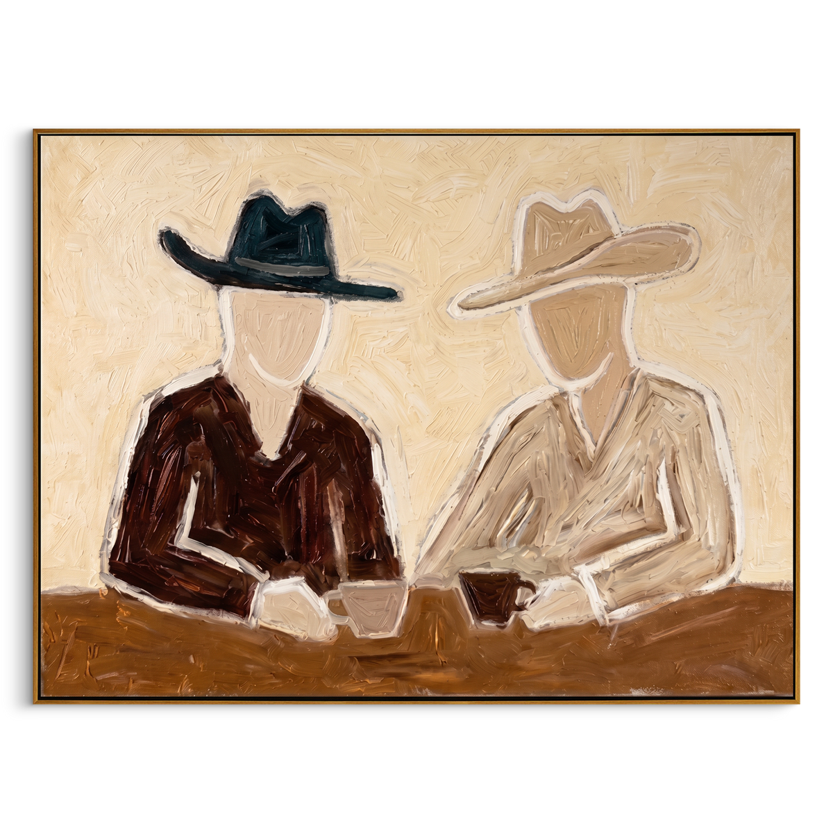 "Two Cowboys’ Coffee Chat" – Modern Heavy Impasto Minimal Western Figurative | 3D Warm Cream & Earth Brown Palette Knife Painting | Luxury Horizontal Wall Art #PE 524