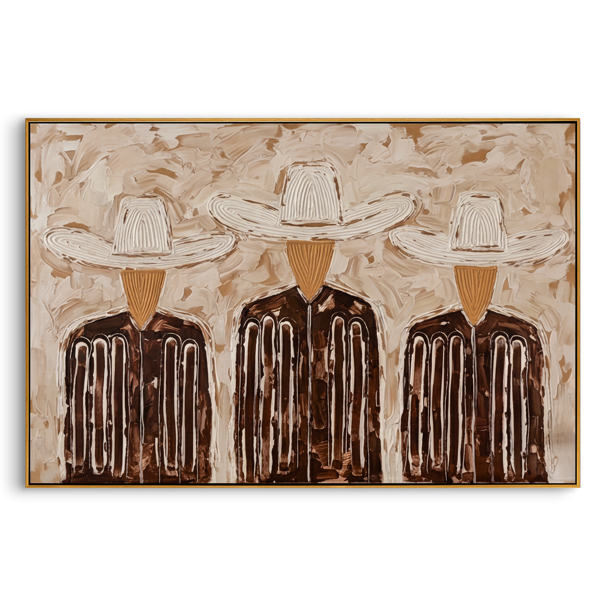 "Three Linear Ranch Cowboys" – Modern Heavy Impasto Minimal Western Figurative | 3D Warm Taupe & Coffee Brown Palette Knife Painting | Luxury Horizontal Wall Art #PE 525