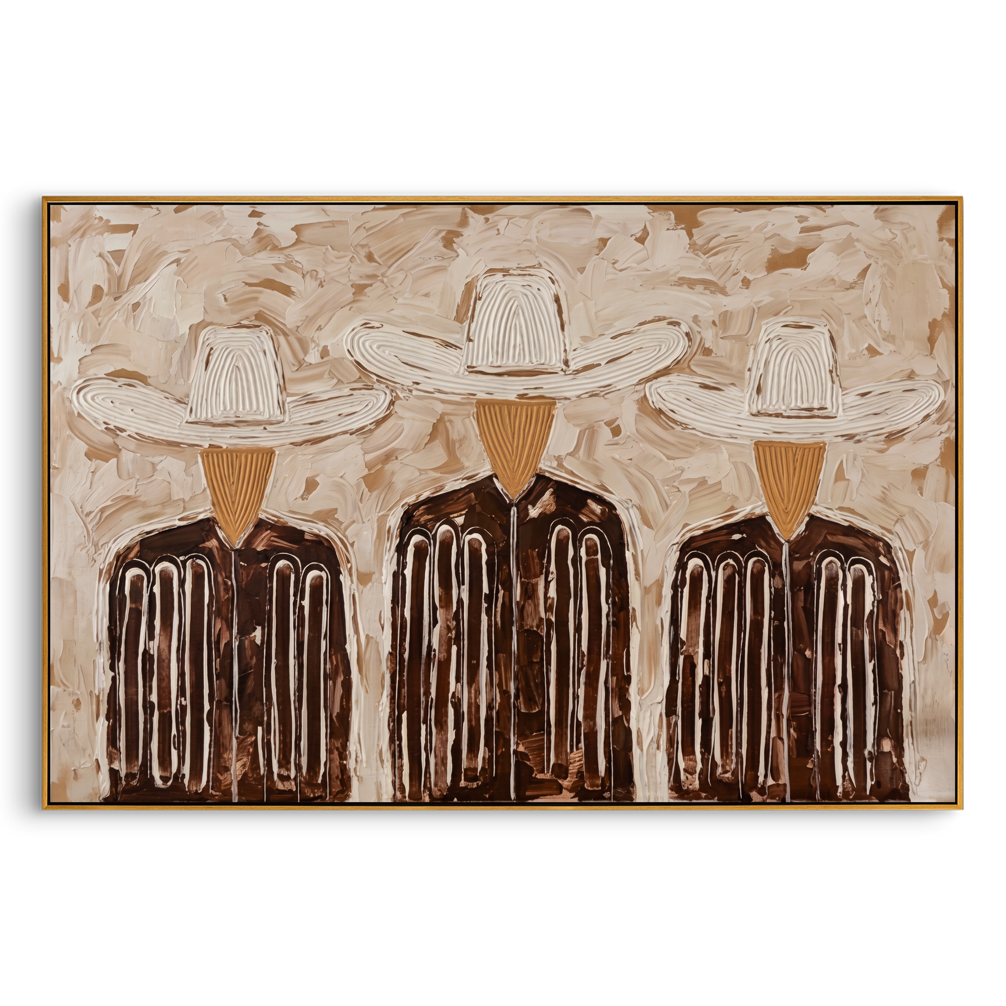 "Three Linear Ranch Cowboys" – Modern Heavy Impasto Minimal Western Figurative | 3D Warm Taupe & Coffee Brown Palette Knife Painting | Luxury Horizontal Wall Art #PE 525
