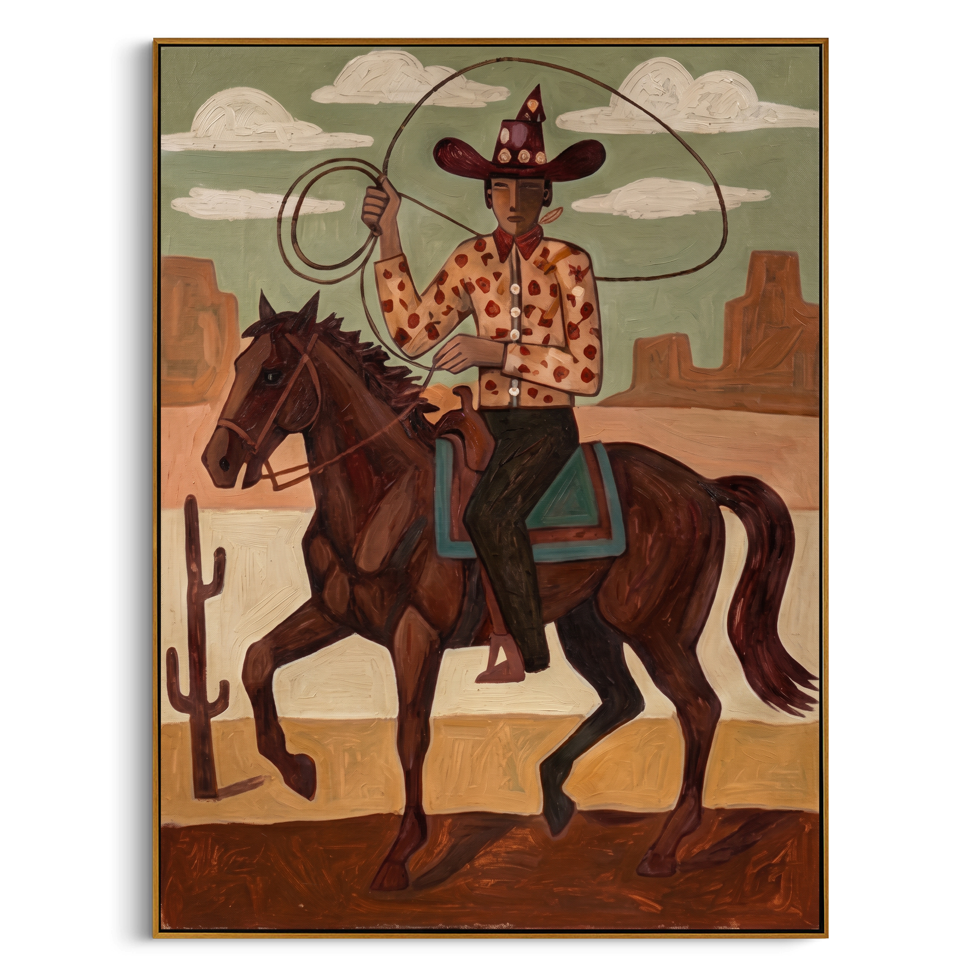 "Desert Lasso Cowboy" – Modern Heavy Impasto Southwestern Folk Figurative | 3D Sage Green & Terracotta Brown Palette Knife Painting | Luxury Vertical Wall Art #PT 559