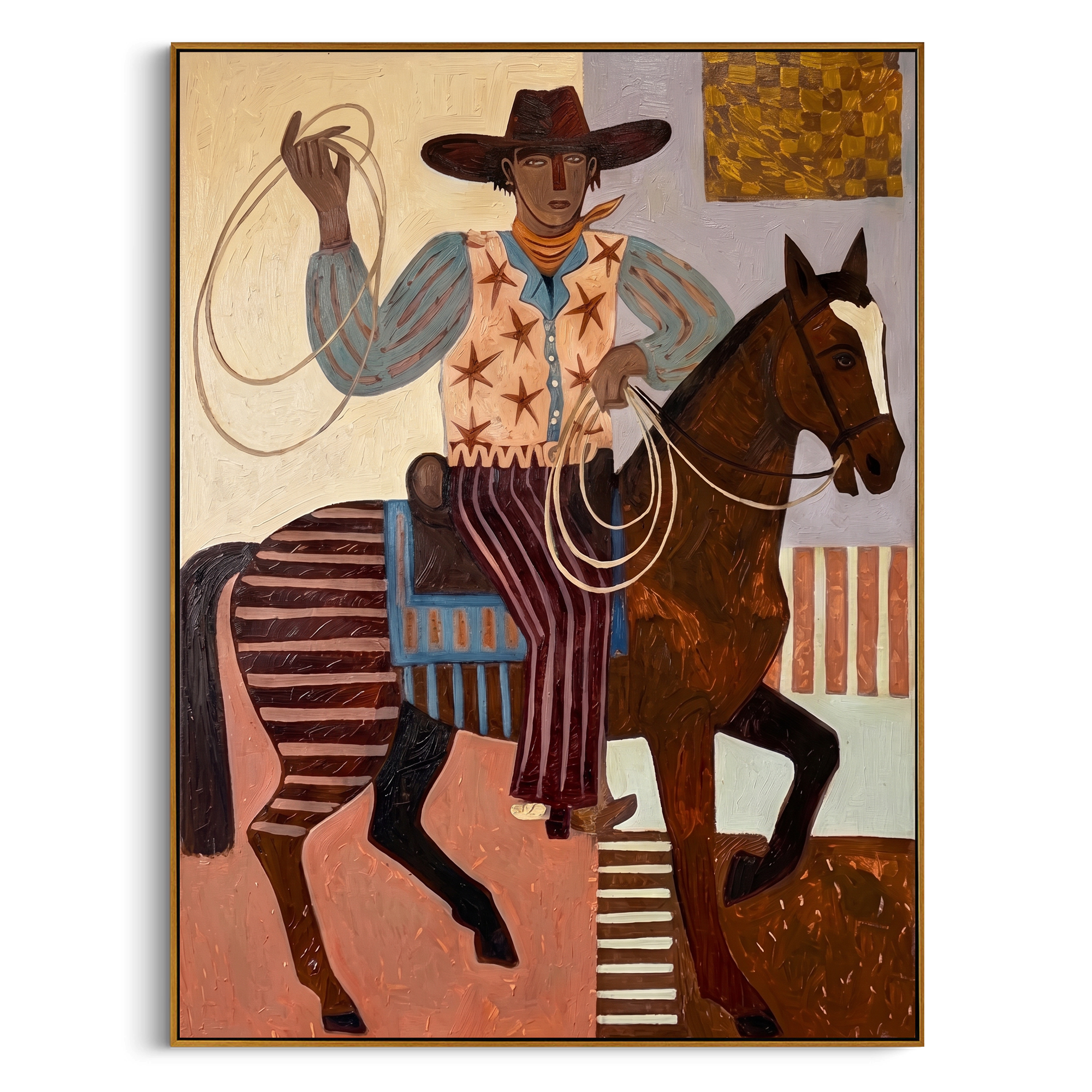 "Star Vest Rodeo Cowboy" – Modern Heavy Impasto Folk Western Figurative | 3D Warm Terracotta & Sky Blue Palette Knife Painting | Luxury Vertical Wall Art #PT 560