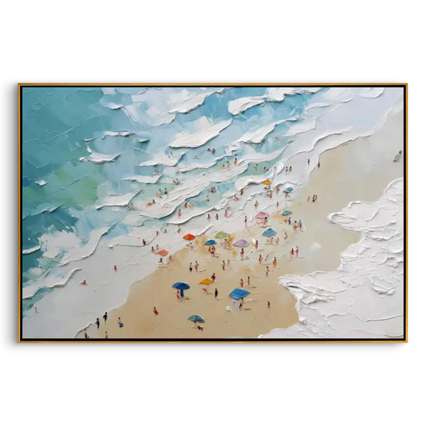 "Summer Reverie" – 3D Heavy Impasto Wave & Miniature Beach Art | Modern Panoramic Coastal Statement Painting #PT 164