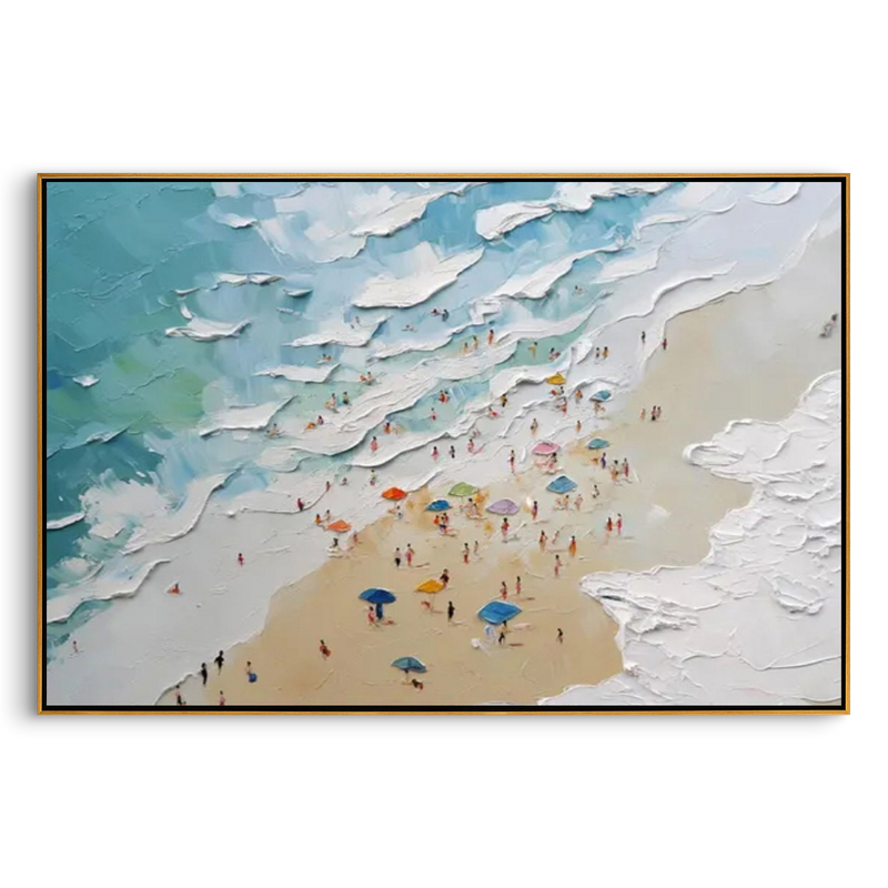 "Summer Reverie" – 3D Heavy Impasto Wave & Miniature Beach Art | Modern Panoramic Coastal Statement Painting #PT 164