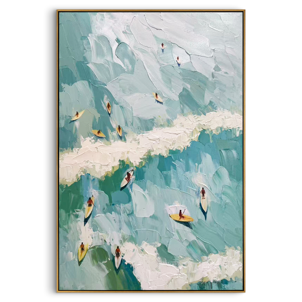 "Surfer's Horizon" – 3D Heavy Impasto Wave & Miniature Surfer Art | Modern Mint Green Coastal Living Room Art#PT 166