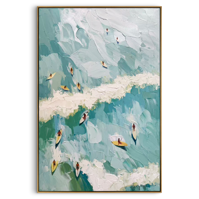 "Surfer's Horizon" – 3D Heavy Impasto Wave & Miniature Surfer Art | Modern Mint Green Coastal Living Room Art#PT 166