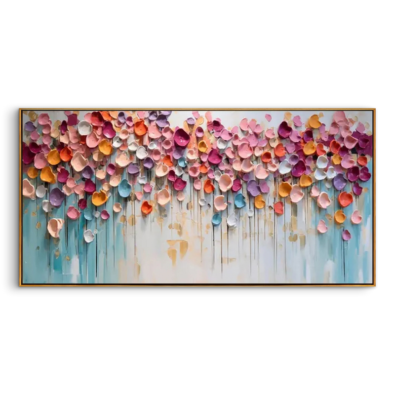 "Petals in the Rain" – 3D Heavy Impasto Floral Texture Painting | Modern Panoramic Dopamine Style Wall Art #PT 169