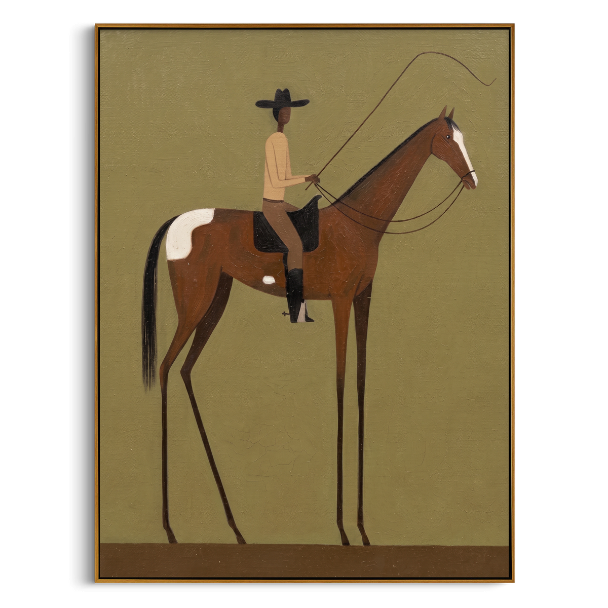 "Solo Pasture Cowboy" – Modern Heavy Impasto Minimal Western Figurative | 3D Moss Olive & Chestnut Palette Knife Painting | Luxury Vertical Wall Art #PT 507